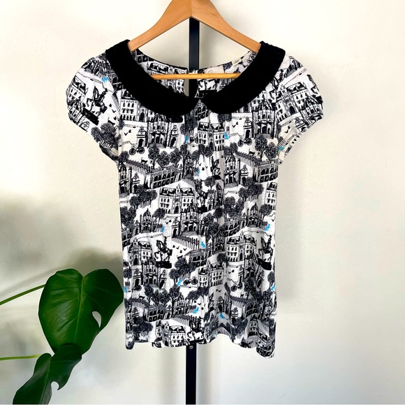 Anthropologie Tops - Anthropologie M Black & White Collard Cat in Paris Top Measurements in Photos